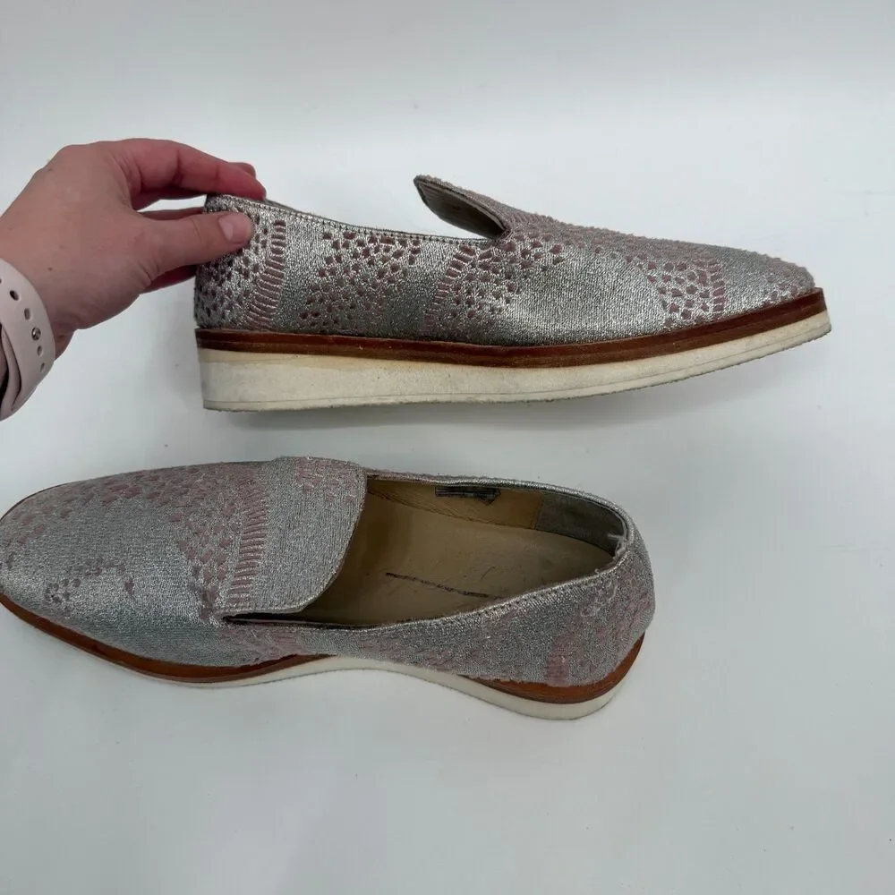 Free People Metallic Knit Loafers Silver Pink Embroidered Shoes Size 40 US 9.5